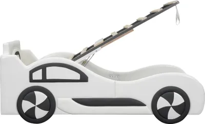 Produktbild von Merax Autobett Kinderbett 90x200cm mit Rausfallschutz und Lattenrost, Hydraulisches Bodenbett mit Stauraum, Spielbett Einzelbett Kunstleder, Weiß