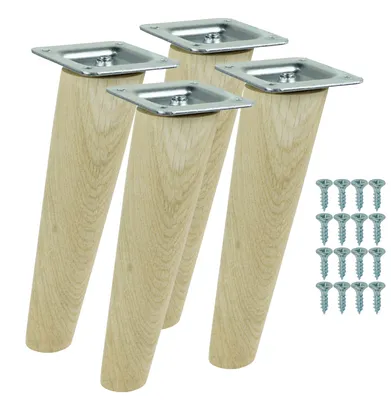 Produktbild von Möbelbeine aus massiver, unbehandelter Eiche, schräge Form, 15 cm, Montagefertiges Set, 4 Stück mit Schrauben