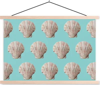 Produktbild von MuchoWow® Textilposter Muscheln - Muster - Blau 120x80 cm mit holzfarbenen Rahmen - Aufhängeset