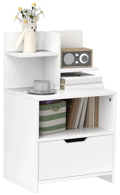Image de Table de chevet moderne - table d'appoint - avec tiroir et étagères ouvertes - espace de rangement - en bois - 45x35x73 cm - blanche