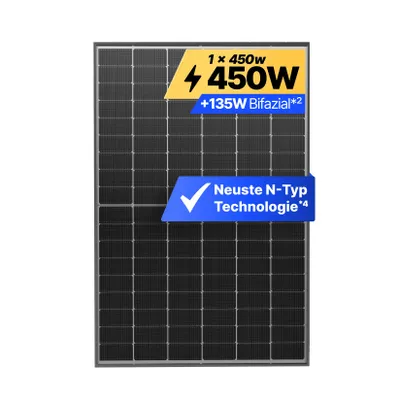 Produktbild von Solakon® Solarmodul 450W Bifazial Glas-Glas N-Type – Black Frame PV Modul 40V für Balkonkraftwerk (1 Stück)