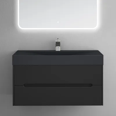 Image de doporro Meuble de Salle de Bain Suspendus Noir Mat 100x48x56cm Ensemble de 2 Pièces Meuble avec Lavabo Design Yoga-Lackier