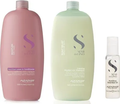 Zdjęcie produktu dla Alfaparf | Zestaw pielęgnacyjny – odżywka bez spłukiwania 1000 ml + szampon 1000 ml + olejek 13 ml – nawilżenie – ukojenie – połysk