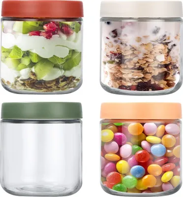 A collage of four glass jars with different colored lids, each containing different food items or candies.