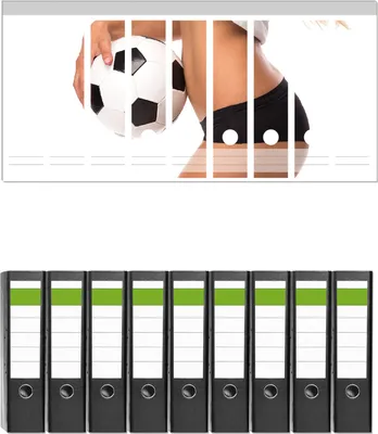 Produktbild von Wallario 9 Stück breite Ordner inkl. Klebeetiketten mit Motive Fußball - sexy Frau mit einem Fußball -  Set mit Rückenschildern / Ordnerrücken Stickern