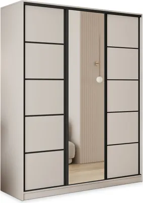 Produktbild von Masseno Schiebetürenschrank PINA 160/205/58 cm Kleiderschrank mit 4 Schubladen Schlafzimmer Schrank 3-türig mit Spiegel Kaschmir