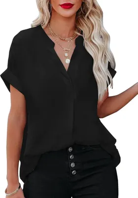 Produktbild von Damen Sommerbluse V-Ausschnitt Kurzarm Tunika Falte Locker Gr. M Elegant