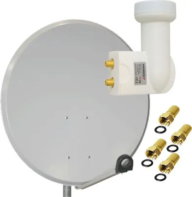 A satellite dish with a twin LNB and F-connectors, presented on a white background.