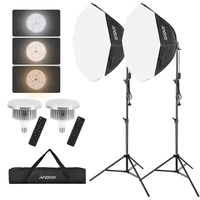 Produktbild von Andoer Studio-Fotografie-Lichtset, Softbox-Beleuchtungsset mit 85 W 2800 K-5700 K LED-Licht * 2 + Octagon-Softbox * 2 + 2 m Lichtstativ * 2 + Fernbedienung * 2 + Tragetasche * 1 fuer Studio-Portrait-Produktfoto-Video