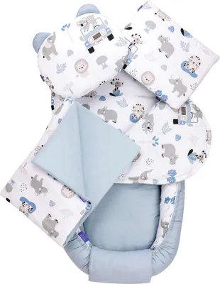 Produktbild von JUKKI® Baby Nestchen XXL 5tlg BAUMWOLLE SET für Neugeborene [Blue Safari] 2seitig 120x60cm Babynest, Matratze, Decke, 2x Kissen