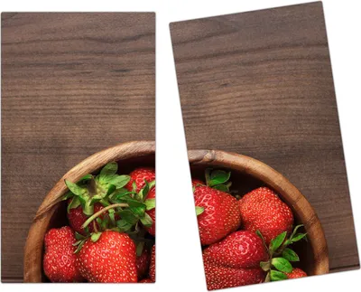 Produktbild von Spritzschutz Herdabdeckplatte Schneidebrett aus Glas Erdbeeren in Holzschüssel 2-Teilig (60x52cm)