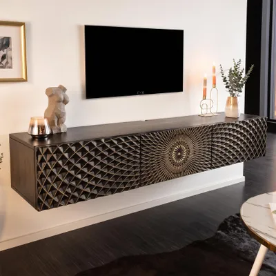 Produktbild von riess-ambiente TV-Board ILLUSION 160cm schwarz gold Mangoholz 3D-Schnitzereien hängend