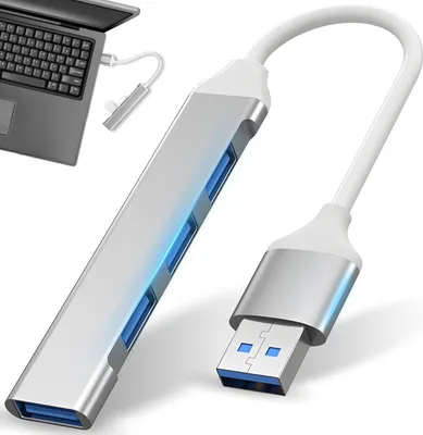 Produktbild von 4 Port USB 3.0 HUB Datenhub USB Erweiterung bis 5Gbit/s 4x Port Verteiler Dockingstation PC Computer Laptop Notebook Windows & Mac Silber Retoo