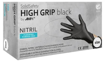 Produktbild von Auslaufartikel: SolidSafety High Grip Black, Nitril-Chemikalienschutzhandschuh, puderfrei, schwarz, Gr. M | Box (100 Stück)