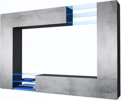 Produktbild von Vladon Wohnwand Mirage,  Germany, Anbauwand mit Rückwand mit 2 Türen, 2 Klappen und 6 offenen Glasablagen, Schwarz matt/Beton Oxid-Optik, inkl. LED-Beleuchtung (262 x 183 x 39 cm)