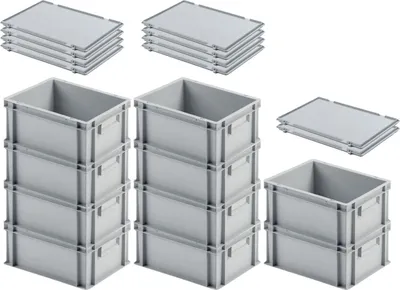 Produktbild von SuperSparSet 10x Eurobehälter mit geschlossenem Griff und Scharnierdeckel | HxBxT 17,5x30x40cm | 16 Liter | Grau | Eurobox, Transportbox, Transportbehälter, Stapelbehälter