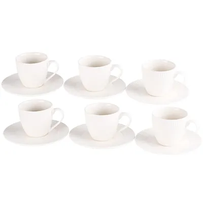 Produktbild von Prima Deco 6er Set gerippte Kaffeetassen 230 ml weiß mit Henkel – Porzellantassen für 6 Personen