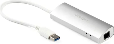 Produktbild von StarTech.com 3-Port USB Hub mit Ethernet, USB-A Ports, Gigabit Ethernet/GbE, USB 5Gbps, Robustes Design, USB-Busbetrieben, Tragbarer Laptop USB 3.0 Hub, Kabelgebunden, USB, Ethernet, 5000 Mbit/s, Silber, Weiß