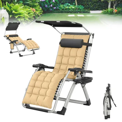 Image de Chaise longue de jardin UISEBRT rembourrée avec un coussin moelleux et un pare-soleil rabattable et réglable de 90 à 170°, structure en acier pouvant supporter jusqu'à 160 kg, avec oreiller, porte-boissons et poche latérale, couleur beige