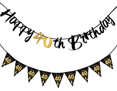 Dekorationsset 40. Geburtstag, Schwarz-Gold, Banner und Wimpel, 1 Set
