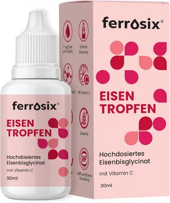 Produktbild von Eisen Tropfen – Hochdosiertes Eisenbisglycinat – Ohne Konservierungsstoffe – Flüssiges Eisen, gut verträglich – Vegan – 30 ml – Ferrosix