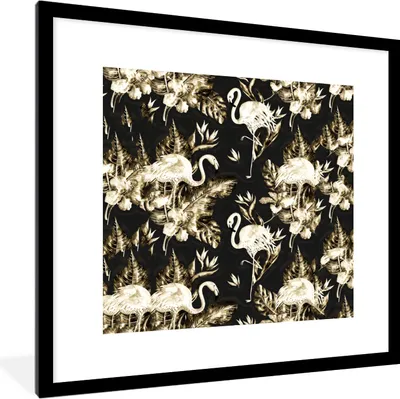 Produktbild von MuchoWow® MuchoWow® Gerahmtes Poster Flamingo - Blumen - Gold - Muster 40x40 cm - Poster mit zchwarzem Bilderrahmen - Poster - Plakat im Rahmen