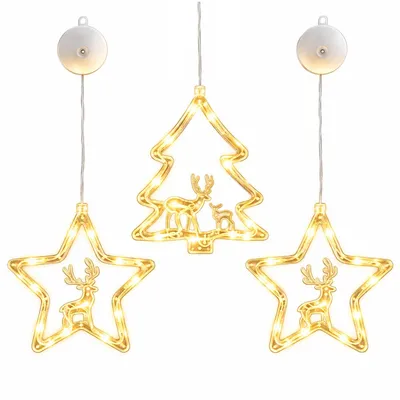 Produktbild von LED Weihnachtsdeko Fenster mit Saugnapf, beleuchtete Rentier-, Stern- & Weihnachtsbaum-Deko, Timer & Blinklicht, für Fenster, Glastüren & Schaufenster