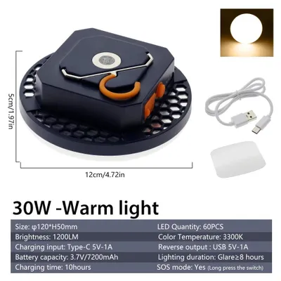 Obrázek produktu pro LED karavanové světlo – 30W, dobíjecí pracovní lampa – stupeň krytí IP65 (vodotěsné) – s regulací jasu – napájení přes USB-C (powerbanka) – teplá bílá barva světla