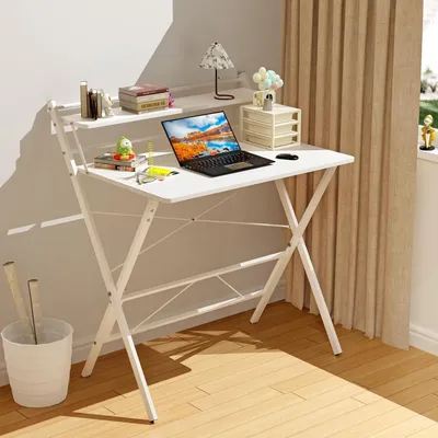 Produktbild von Schreibtisch Klappbar,Kleiner Schreibtisch Computertisch mit Regal,Klapptisch Arbeitszimmer für Home Office Schreibtisch, PC-Tisch 80x50x107cm Weiß