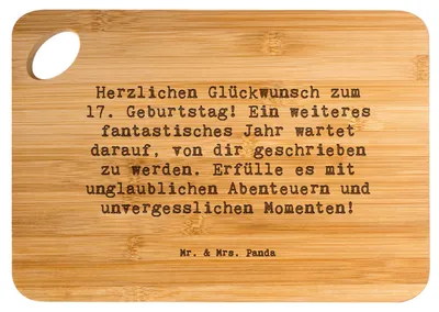 Produktbild von Mr. & Mrs. Panda Schneidebrett Spruch 17. Geburtstag Abenteuer - Transparent - Geschenk, Jugend, Brett, besondere Kapitel, Geburtstagsgeschenk, Frühstücksbrett, Holzbrett