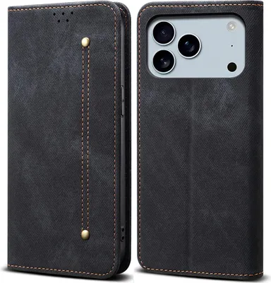 Produktbild von Hülle für iPhone 17 Pro Leder Brieftasche Flip Bookstyle Schutzhülle mit Standfunktion Schwarz