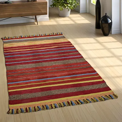Produktbild von Designer Teppich Webteppich Kelim Handgewebt 100% Baumwolle Modern Gestreift Bunt Grösse 120x170 cm