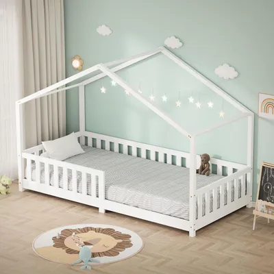 Produktbild von ML-Design Kinderbett Hausbett 90x200 cm Weiß, Holzbett mit Rausfallschutz Lattenrost und Dach Spielbett aus massivem Kiefernholz für Kinder Bodenbett