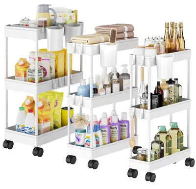 Image de Chariot de rangement à trois étages avec roulettes, peu encombrant, étroit, mobile, chariot multifonction minimaliste pour la salle de bains et la cuisine, blanc