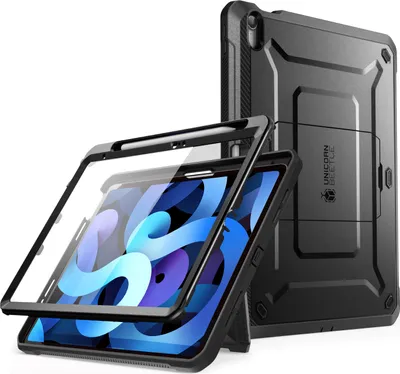 A black protective case for an iPad is shown, with the iPad itself displayed inside the case.