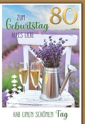 Produktbild von 80. Geburtstag Glückwunschkarte mit Briefumschlag Sektgläser & Lavendel