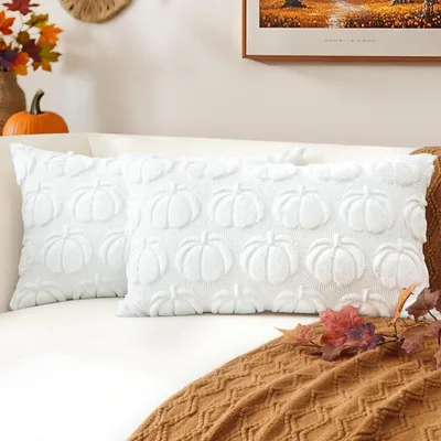 Immagine prodotto di Set di 2 federe per cuscini a forma di zucca, 30x50 cm, colore bianco, in peluche, stile autunnale, ideali per la decorazione