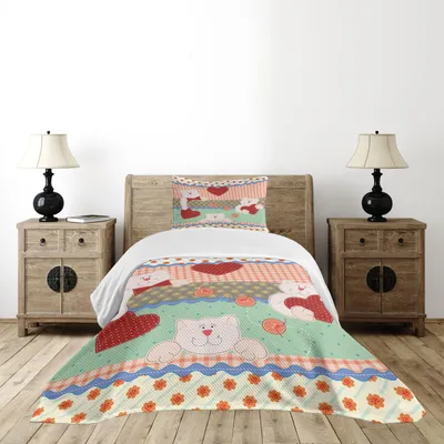 Produktbild von ABAKUHAUS Shabby Flora Tagesdecke Set, Lustige Teddybären mit Herzen im Patchwork-Stil niedlichen Kinder Thema Design Print, 170 x 220 cm, Mehrfarbig