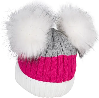 Produktbild von styleBREAKER Kinder Strick Bommelmütze 3-Farbig Gestreift, 2 Kunstfellbommel, Fleece Futter, 2-5 Jahre 04024204