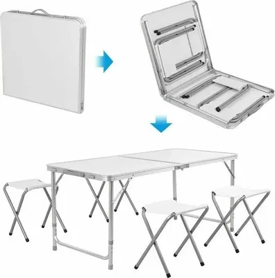 Produktbild von Famanu Klappbare Tisch- und Stuhlset - 1 Tisch - 4 Hocker - Outdoor - Aluminium - Weiß