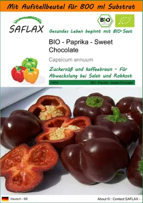 Produktbild von SAFLAX - Garden in the Bag - BIO - Paprika - Sweet Chocolate - 10 Samen - Mit Anzuchtsubstrat im praktischen, selbst aufstellenden Beutel - Capsicum annuum