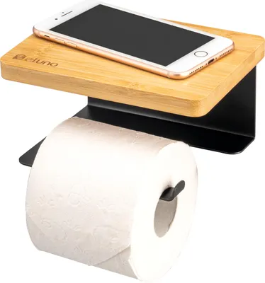 Image de eluno Distributeur de papier toilette VARAZ avec tablette en bambou, porte-rouleau WC autocollant, en métal noir