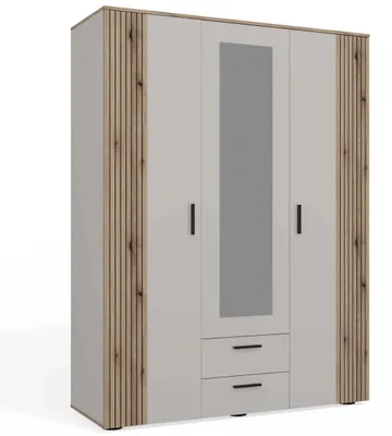 Obrázok produktu pre Šatníková Skriňa Ava 150 Cm Zrkadlo 2 Zásuvky S Drážkovaným Čelom Dub Evoke Kašmírová Béžová