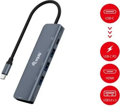 Zdjęcie produktu dla Equip 133487, USB 3.2 Gen 1 (3.1 Gen 1) Type-C, HDMI, USB 3.2 Gen 1 (3.1 Gen 1) Type-A, USB 3.2 Gen 1 (3.1 Gen 1) Type-C, 5000 Mbit/s, 4096 x 2160 px, Czarny, Szary, Aluminium