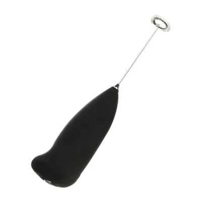 A black electric milk frother with a silver whisk is shown on a white background.