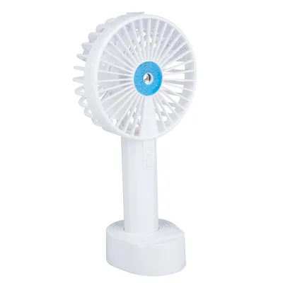 A white handheld fan with a blue center, resting on a white base, against a white background.