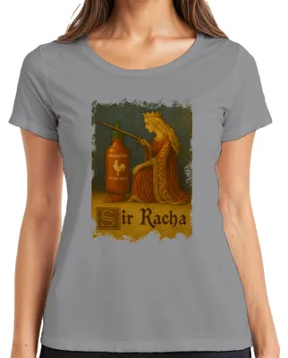 Productafbeelding van Sir Racha Sriracha Ritter T-shirt, grijs, maat XL. (Verwijst naar een T-shirt met een afbeelding of tekst die verwijst naar Sir Racha Sriracha, ridders, een ridderorde, een koningin, het middeleeuwse tijdperk en chilipepers.)