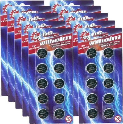 Produktbild von 100 x CR2032 Wilhelm Blisterpack Knopfzelle Batterie Lithium 3V CR 2032