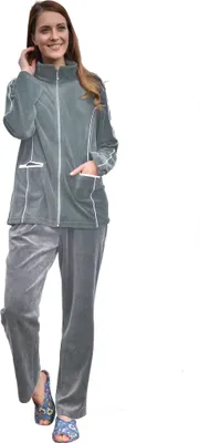 Produktbild von RAIKOU Damen Velours Nicki Freizeitanzug Hausanzug Nicki-Anzug mit Reißverschluss und Satinband Grau Melange 40/42 L
