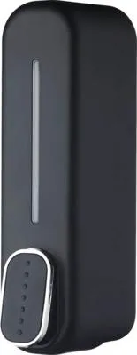 A black wall-mounted soap dispenser.